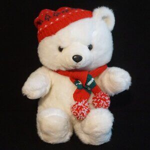 Vintage K-Mart Holiday Bear Plush 1986 with Sweater Scarf and Stocking Hat